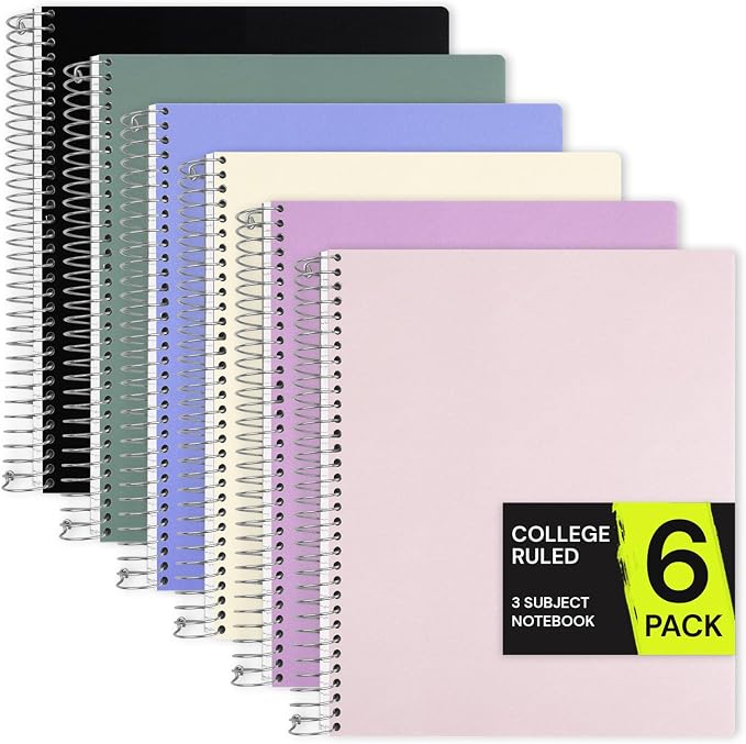 ONAVIA 3 Subject Spiral Notebook College Ruled 6 Pack, 300 Pages, Assorted