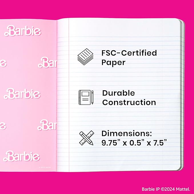 Yoobi Barbie X College Ruled Composition Notebook Set – 3-Pack of Kids 1 Subject Notebooks, Allover Print Designs – 100 Sheets Each, For School, Office & Home – 9.75” x 7.5”