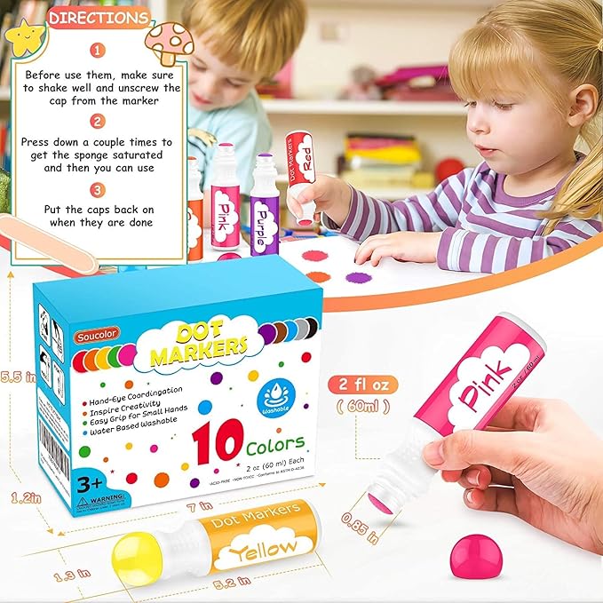 Soucolor 20-Pack 10 Colors Washable Bingo Paint Daubers Markers for Toddlers Kids Preschool, Dot Markers Set with 48 Pages Tearable Activity Book for Toddler Arts and Crafts Kits Supplies
