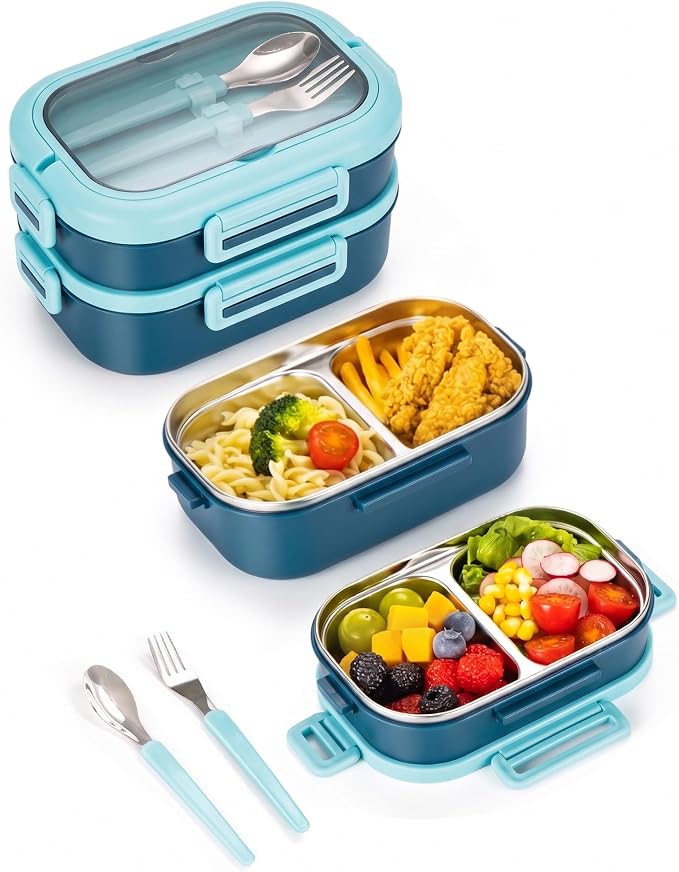 Lille Home Stackable Stainless Steel Bento Lunch Box + Insert Cutlery, 56oz | 2 Tier Leakproof Metal Lunch Boxes, 4-Compartment Food Containers for Work, Picnic, Meal Prep & Portion Control (Blue)