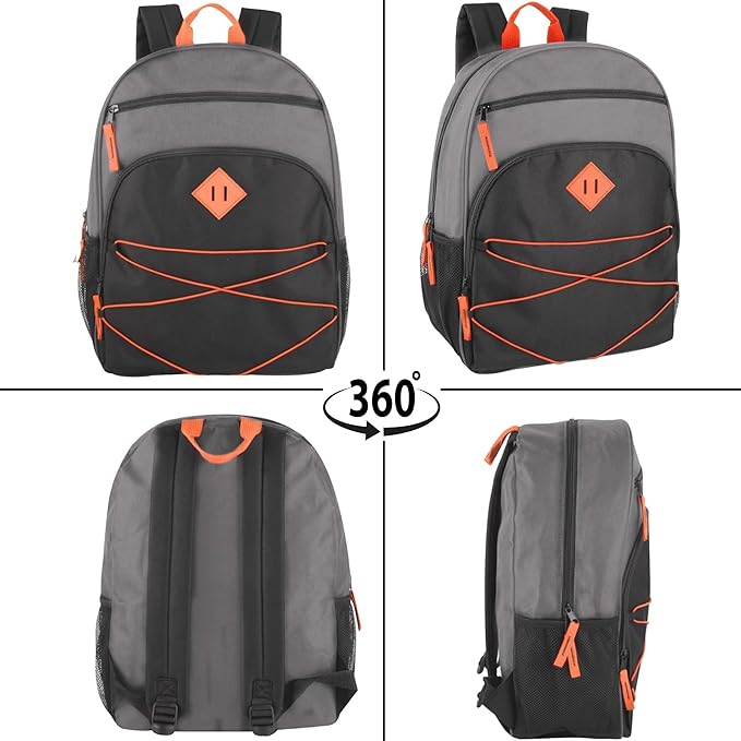 Summit Ridge Backpacks with Bungee Cord Front | 17” Multi Pocket Backpack for Adults, College, Travel (Grey/Black)