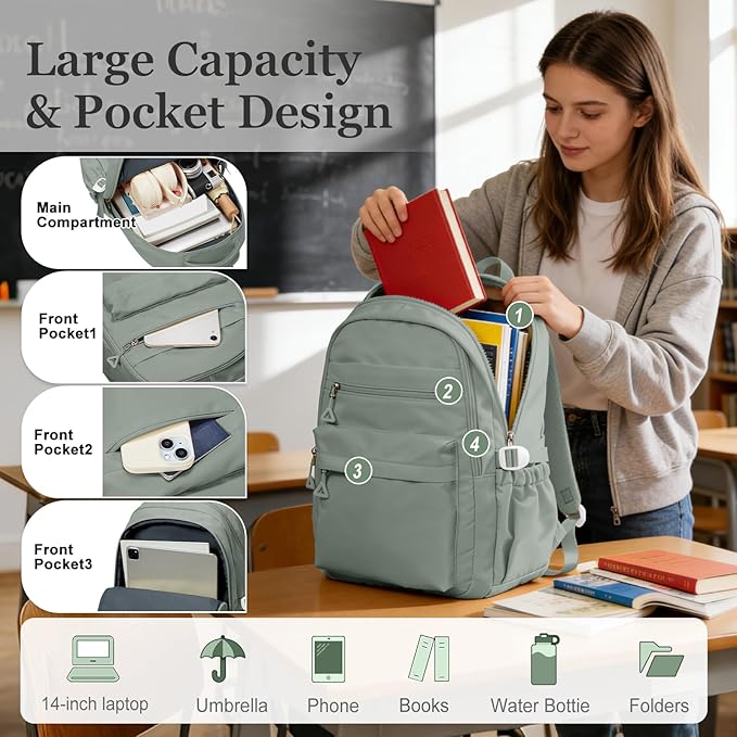 Backpack for College Students Women Men, Aesthetic Backpacks for Middle School, Waterproof Bookbag, Lightweight High School Backpack for Teens Boys Girls(Green)