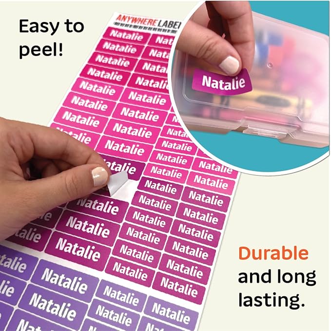Kids Personalized Name Labels for School, Camp, Daycare (128 Labels) Custom Peel and Stick Waterproof Name Tags Stickers for Water Bottles, Lunch Boxes, Clothing, School Supplies (Berry Colors)