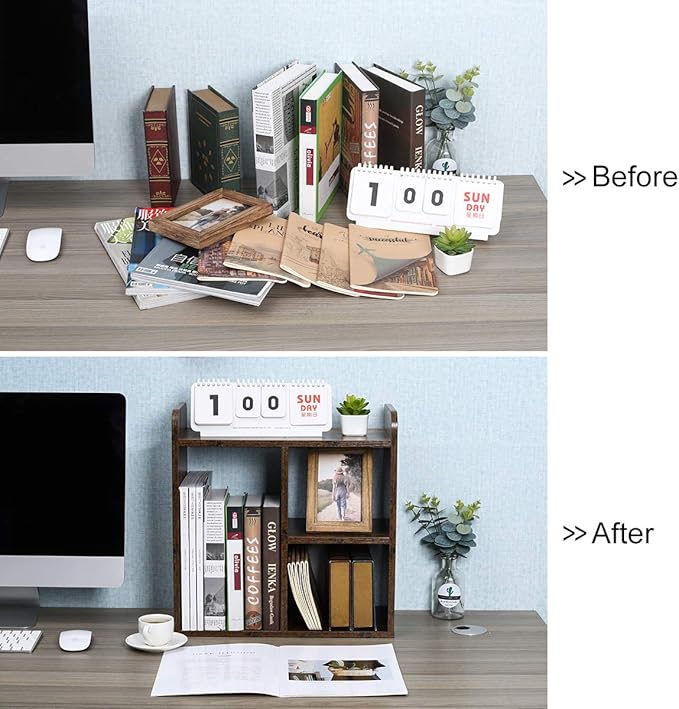 PAG Desktop Shelf Freestanding Wood Small Bookshelf Desk Supplies Organizers and Accessories Storage Display Rack Office Decor for Women, Antique Brown