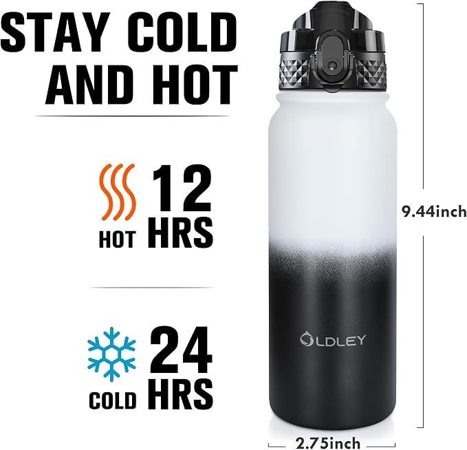 Oldley Insulated Water Bottle 20oz Water Bottles with Straw, Stainless Steel Water Bottle with 3 Lids, Double Wall Vacuum Thermo for Adults Kids,Leak-Proof Sport Bottles for School Travel, White Black