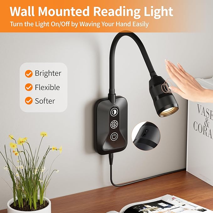 LED Wall Mounted Reading Light with Wave Sensor/Touch Switch, 5 Color & 5 Level Dimmable Touch Bed Lights for Reading with USB C Output, Eye-Care Bedside Reading Light for Bed,Heaboard (Black)
