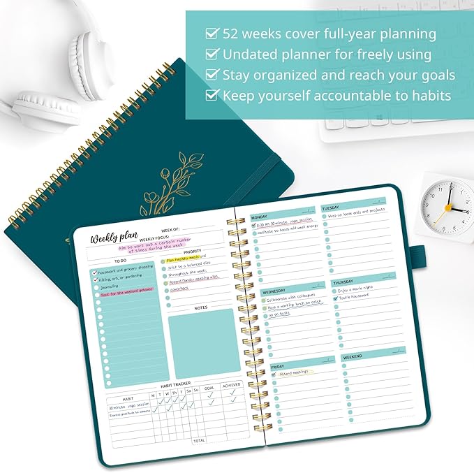 Taja Undated Weekly Planner, Weekly To Do List Notebook with Goal & Habit Tracker Organizer, A5 Weekly Planner Notebook with Spiral Binding, 6.1" x 8.2" - Pine Emerald
