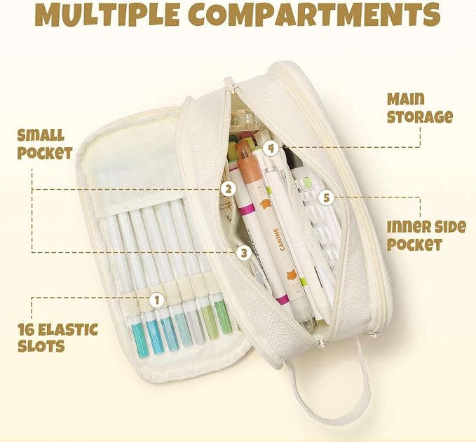 SUNEE Large Capacity Pencil Case with 3 Compartment, Extra Big Pencil Pouch, Pencil Bag with Clear Window, Pen Case School Supplies for Teens Adults Girls Boys,Beige