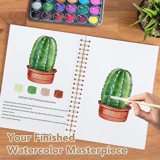 Easy Watercolor Workbook for Beginners - 12 Beautiful Step-by-Step Paintings Water Coloring Book, Includes 18 Colors Paints, Relaxing Art Projects and Creative Gift for Adults & Teen (Succulents)