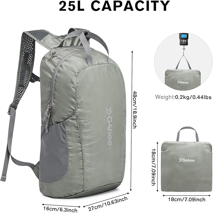 G4Free 25L Lightweight Hiking Backpack Packable Foldable Sport Travel Daypack Water Resistant for Women Men（Grey Green）