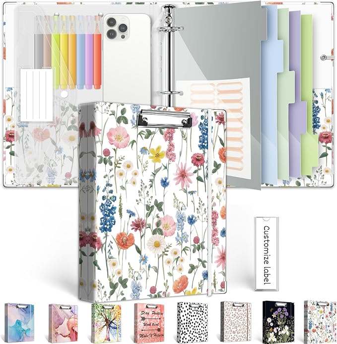 3 Ring Binder 1 Inch, Three Ring Binders Organizer with Clipboard, 5-Tabs Pockets Dividers, Plastic Folder, 18 Divider Stikers, BVSSX Cute Binder with Pen Loop (Blue Bloom, Letter Size)