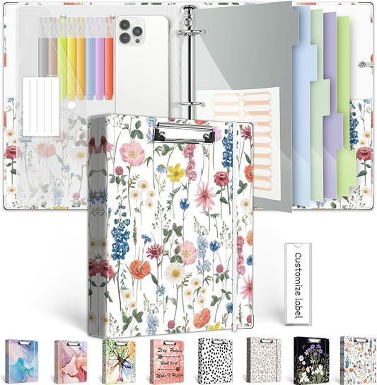 3 Ring Binder 1 Inch, Three Ring Binders Organizer with Clipboard, 5-Tabs Pockets Dividers, Plastic Folder, 18 Divider Stikers, BVSSX Cute Binder with Pen Loop (Blue Bloom, Letter Size)
