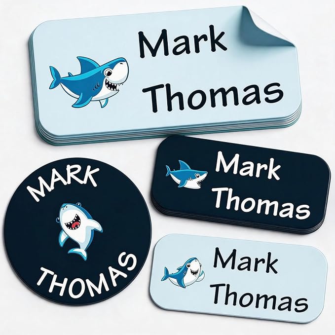 Waterproof Custom Name Stickers (135 Labels) - Personalized Daycare Labels for Clothing, Water Bottles, Lunch Boxes & School Supplies - Ideal for Camp & Daycare - No-Iron (Shark)