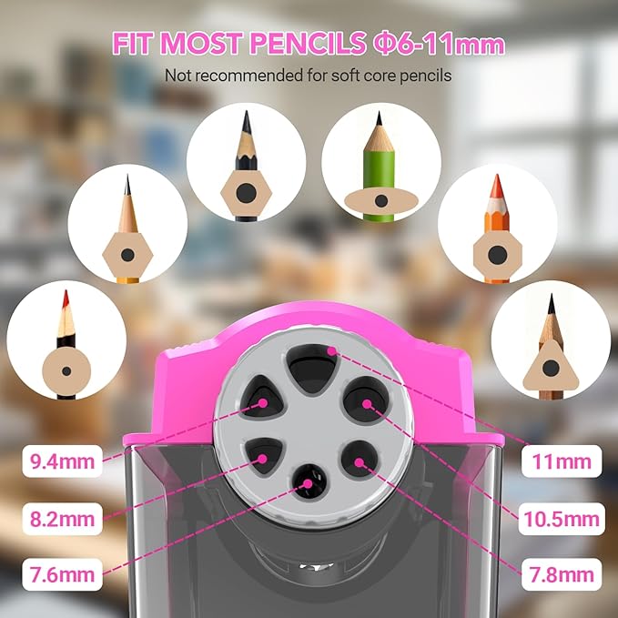 AFMAT Electric Pencil Sharpener for Classroom, 6 Holes, Cordless & Rechargeable, Super Fast, Auto Stop, 10K+ Uses, Heavy Duty Pencil Sharpener for 6-11mm No.2/Large/Colored Pencils PSD4(Pink)
