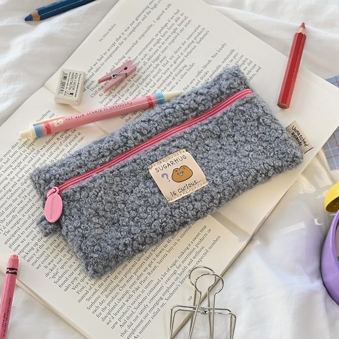 Monolike Unmatched Friends Bbogeuli Pencil Case, Blue - Slim Fuzzy Fleece Pen Pouch for Daily Use with Stain-Resistant Lining