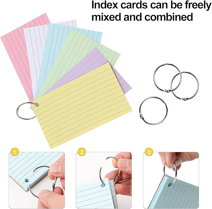 300 Flash Cards for Studying, 6 Pack Lined Index Cards with Key Ring, Multicolor Kraft Notecard for Note-taking, Language Learning, 12.5 * 7.5cm