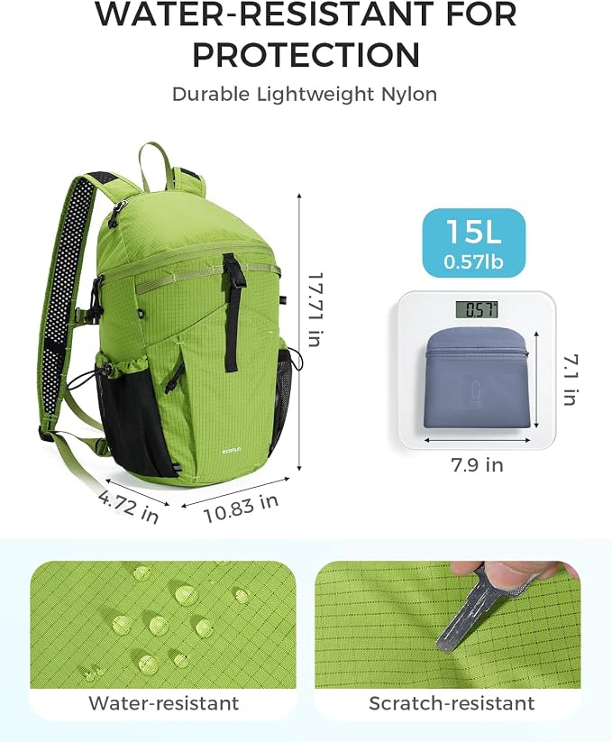 ECOHUB 15L Ultra-Lightweight Packable Backpack, Casual Daypack for Daily Use, Small Hiking & Travel, Foldable Backpack, Water-Resistant Nylon, Reflective Design