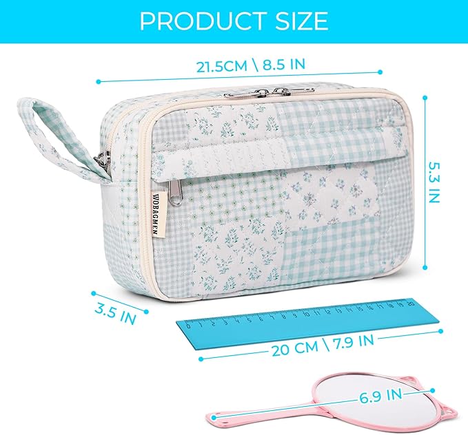 WOBAGMEN Quilted Pencil Pouch for Girls Women, Large Pencil Case Pouch with Compartments Cute Aesthetic Pencil Case Organizer, Floral Pencil Bag for School Supplies (green blue pin)