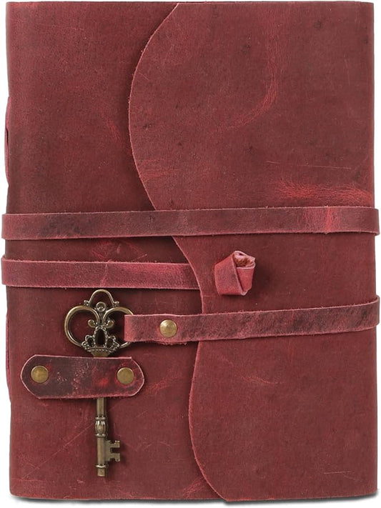 Leather Journal with Unlined Deckle Edge Paper 8x6 inch and Vintage Key | Handmade Writing Notebook Diary | Bound Daily Notepad for Men & Women Medium, Sketch/Writing pad for Artists