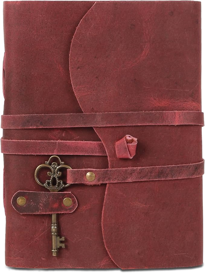 Leather Journal with Deckle Edge Paper 8x6 inch and Vintage Key | Handmade Writing Notebook Diary | Bound Daily Notepad for Men & Women Medium, Sketch/Writing pad for Artists
