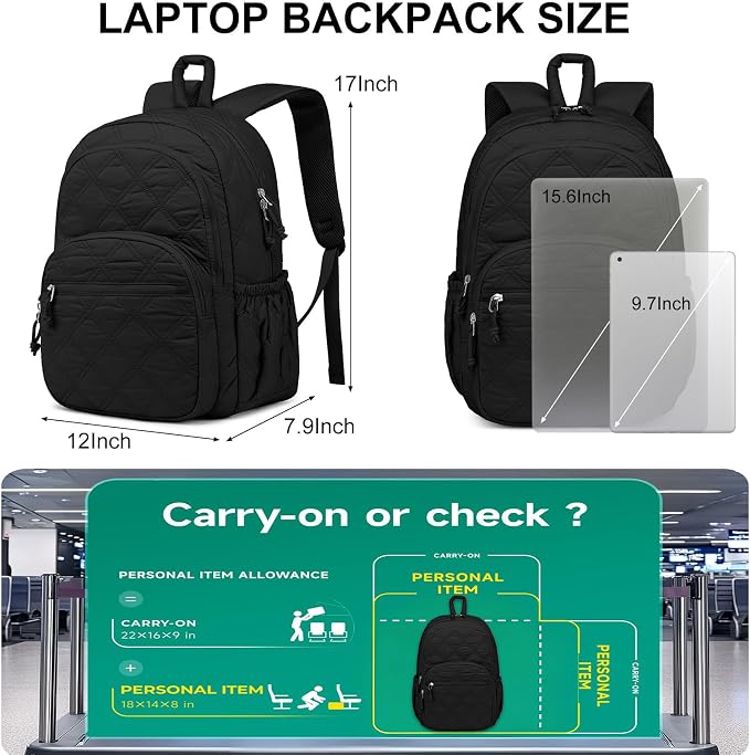 Travel Backpack for Women Bag: Quilted 15.6 Inch Laptop Backpacks College School Bookbag Lightweight Casual Daypack Water Resistant Computer Backpacks for Girls Students Teacher Work Black