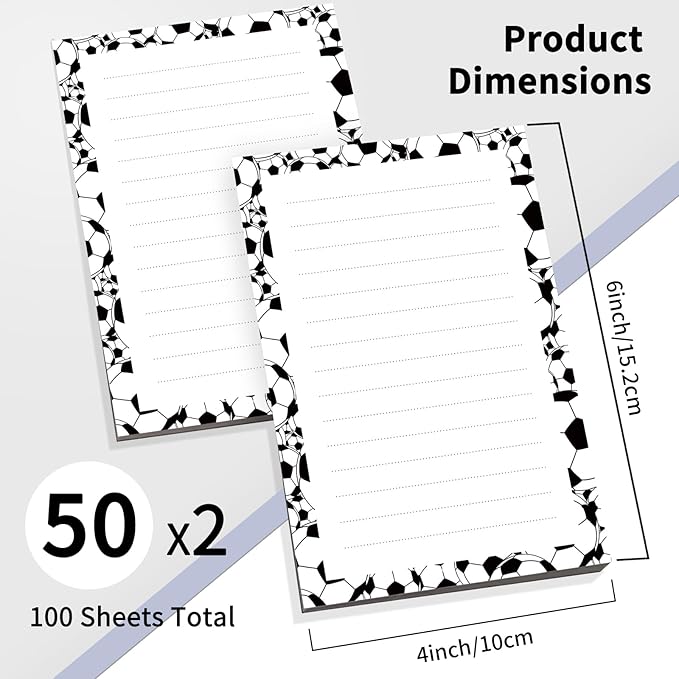 2 Pack Lined Sticky Notes 4x6 in, Cute Self-Stick Notepads with Lines, Large Memo Pads Strong Adhesive for Office, Home Black White Soccer