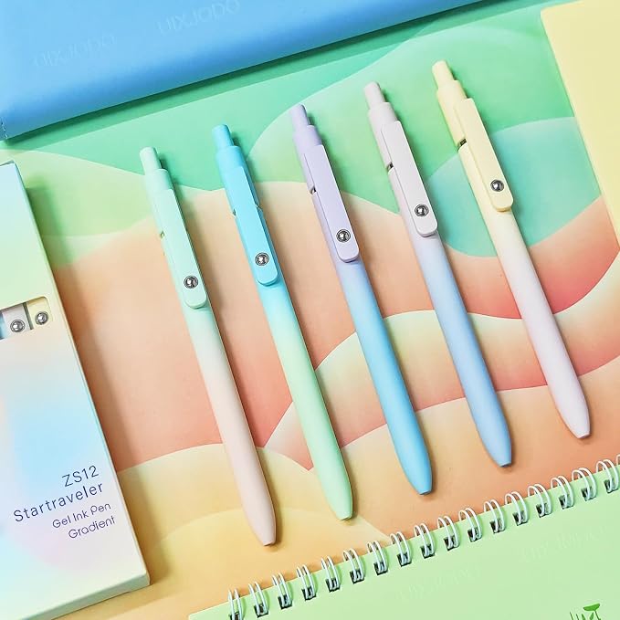 UIXJODO Gel Pens, 5 Pcs Black Ink Pens for Women, 0.7mm Medium Point Smooth Writing Pens with Silicone Grip, High-End Series Metal Clip Retractable Pens for Journaling Note Taking (5 Pcs Pastel)