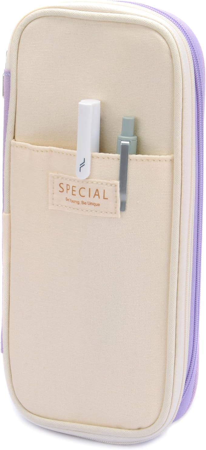 Large Capacity Big Special Cute Aesthetic Preppy Canvas Pencil Case Organizer Holder Pouch Bag with Zipper Compartments, Pen Cases for Women Girls School Adults (Beige/Purple)