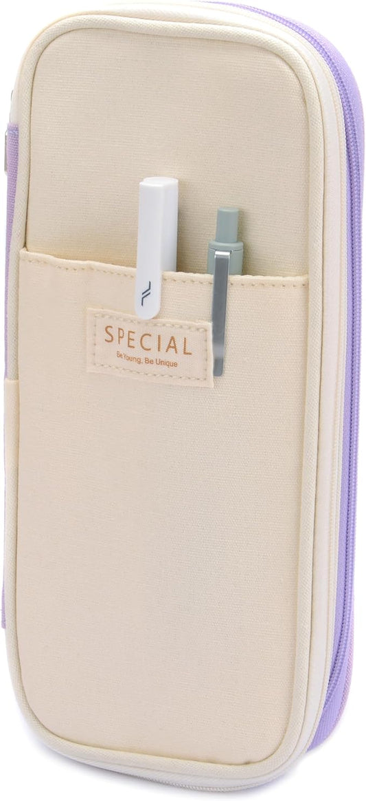 Large Capacity Big Special Cute Aesthetic Preppy Canvas Pencil Case Organizer Holder Pouch Bag with Zipper Compartments, Pen Cases for Women Girls School Adults (Beige/Purple)