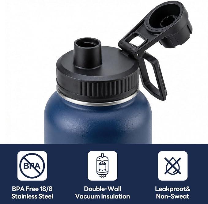 Navigate 40 oz Insulated Stainless Steel Sports Water Bottle with Spout & Handle Lids,Wide Mouth Water Jug with Double Walled Leak Proof Keep Cold for 24 Hrs Hot for 12 Hrs,Dark Blue