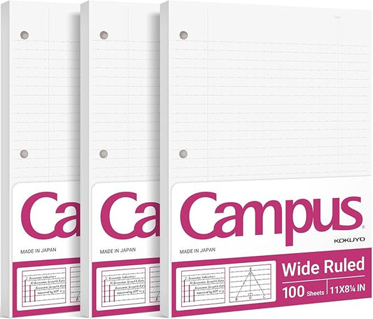 Kokuyo Filler Papers, 8-1/4"x11”, Wide Ruled 3 Hole Punched Loose Leaf Paper, 300 Sheets Bleed Resistance Notebook Paper, Japanese Smooth Lined Paper for 3 Ring Binders School Supplies, Japan Import