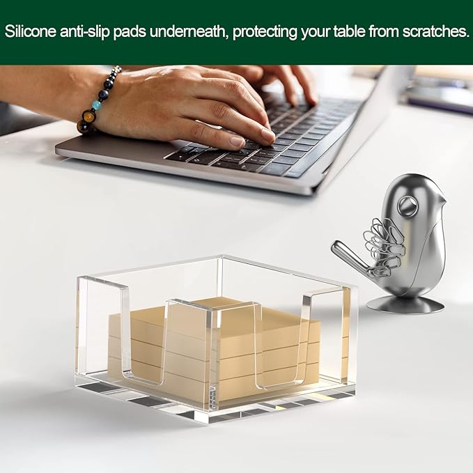 Acrylic Sticky Note Holder, Self-Stick Note Pad Holder W/O Pads - Note Dispenser Memo Pad Holder Desk Organizer for School Office Home (3''x3'' Clear - 2 Pack)