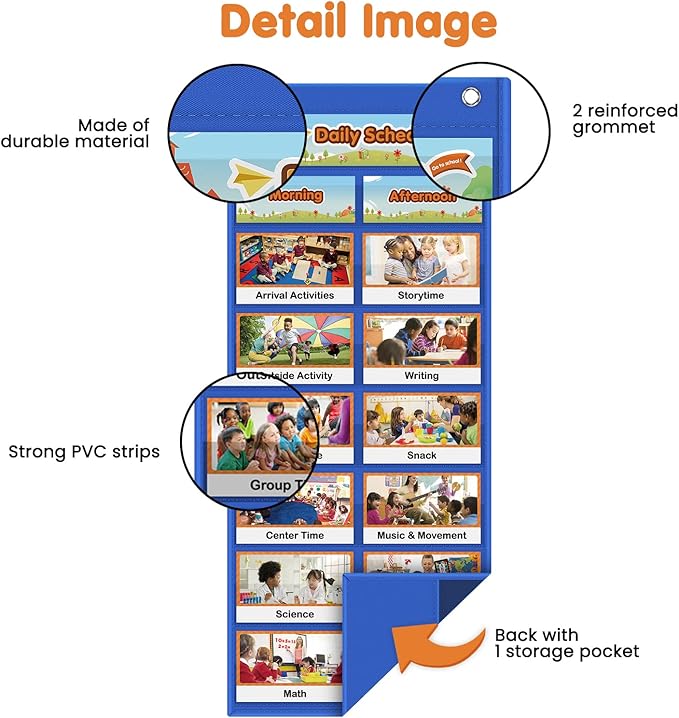 Auchq Daily Schedule Pocket Chart, Visual Schedule for Kids with 23 Activity Cards, 8+1 Pockets, 4 Blank Dry-Erase Cards Included, Great for Classroom Preschool-1 st Gr.(17’’ x 38.5’’ in)