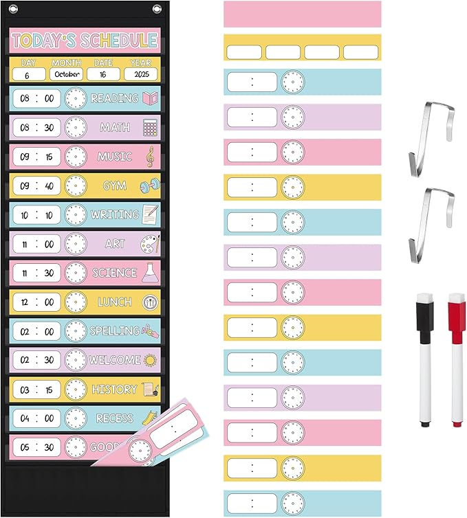 Pasimy Daily Schedule Pocket Chart for Classroom 15+1 Pockets with 31 Double Sided Reusable Cards 2 Magnetic Erasable Pens & Hangers Visual Schedule Chart School Office Home Decor(Black,Pastel)