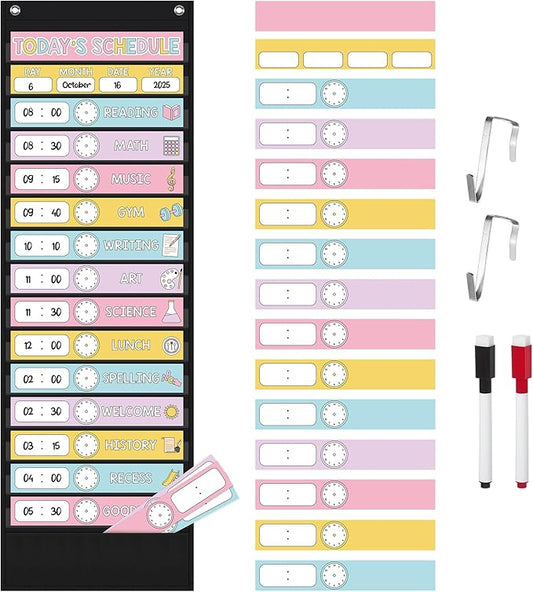 Pasimy Daily Schedule Pocket Chart for Classroom 15+1 Pockets with 31 Double Sided Reusable Cards 2 Magnetic Erasable Pens & Hangers Visual Schedule Chart School Office Home Decor(Black,Pastel)