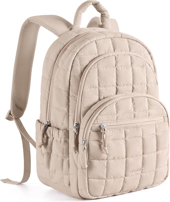 BAGSMART Travel Backpack for Women, College Laptop Backpack, Khaki Brown | Fits 15.6" Laptop, Personal Carry-on Size with Trolley Sleeve, Quilted Style for College Nurse Teacher, Water-Resistant