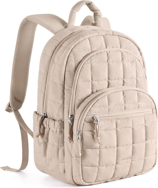 BAGSMART Travel Backpack for Women, College Laptop Backpack, Khaki Brown | Fits 15.6" Laptop, Personal Carry-on Size with Trolley Sleeve, Quilted Style for College Nurse Teacher, Water-Resistant