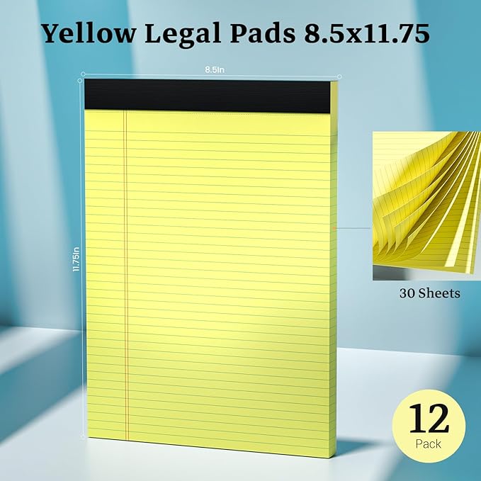 Yellow Legal Pad, 8.5 x 11 College Ruled Notepad, 12 Pack Legal Notepads 8.5 x 11 Writing Pads, 30 Sheets Per Note Pad, Micro Perforated Lined Paper for Work Study Daily Note Taking List