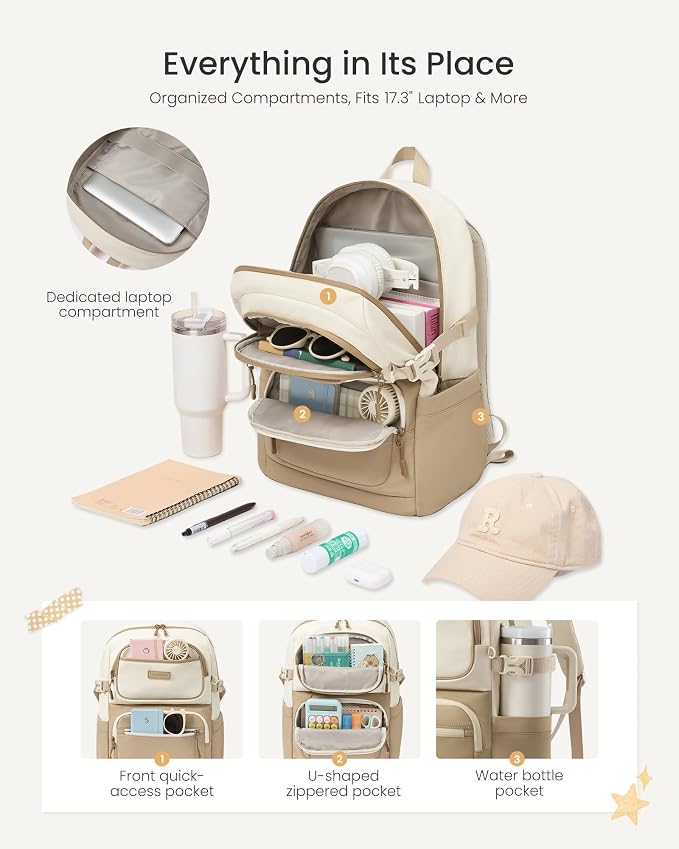 LOVEVOOK School Backpack for Teen Girls & College Students, Large Capacity Laptop Backpack with Water Bottle Holder, Lightweight Bookbag for School, Travel & Everyday Use, Beige-Khaki