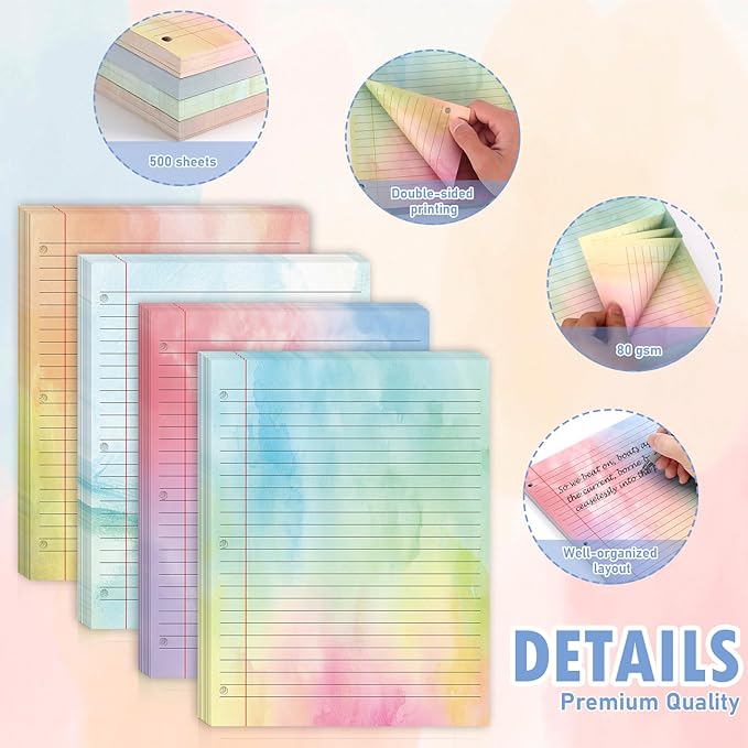 500 Sheets 8" × 10.5" Colored Wide Ruled Filler Paper for Letter Size 3-Ring Binder 11/32" Spacing Colored Loose Leaf Paper Wide Ruled Paper Refills 3-Hole Punched Watercolor 80GSM for School Office