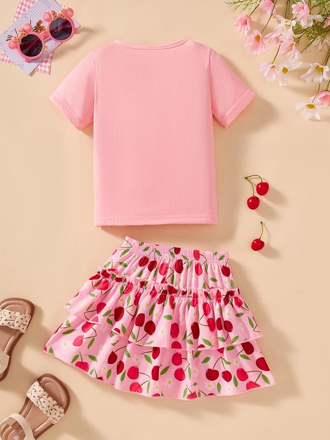 Little Girls Skirt Set - 2 Piece Short Sleeve Top Shirred Tiered Skirt Outfit Girls Spring Summer Clothes 3-8 Years