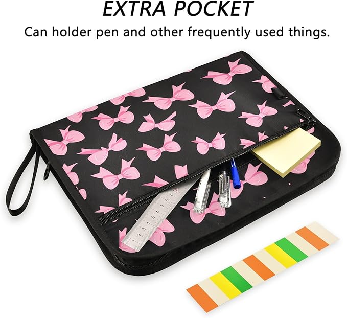 Pink Bow Black Background Pattern 13 Pocket File Organizer Expanding File Folder with Front Pouch Portable Business File Storage Document Organizer Folder with Zipper