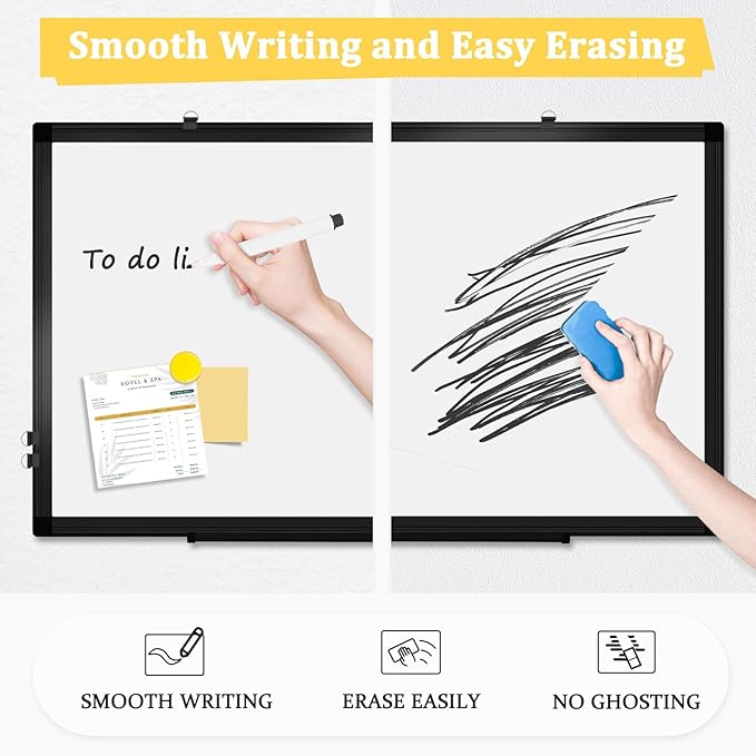 Double-Sided Magnetic Whiteboard, 24" x 18" Dry Erase Board Black Aluminum Frame for Wall, White Board Dry Erase Marker Board for Kitchen, Memo, School, Home, Office