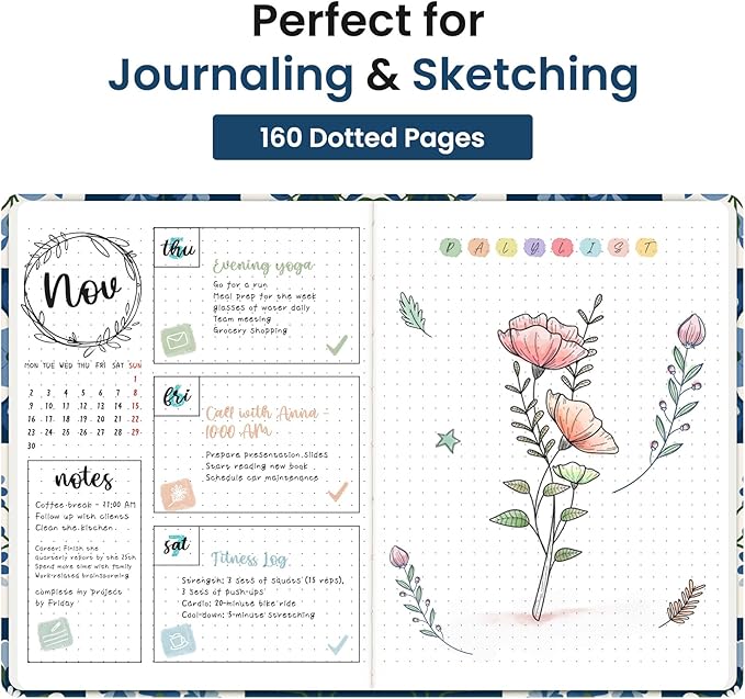 Taja Pretty Dotted Journal for Women, Aesthetic Cute Hardcover Leather Journal for Writing, A5 Journaling Notebook for Work & Sketch, Perfect for Office School Home, 160 Pages, Petal Array