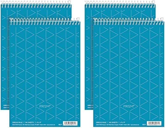 Tops Prism Steno Pads, Gregg Ruled, 6" x 9" Shorthand Writing Pad, Blue Paper, Spiral Bound Notepad, Perforated Pages, 80 Sheets, 4 Pack (80284)