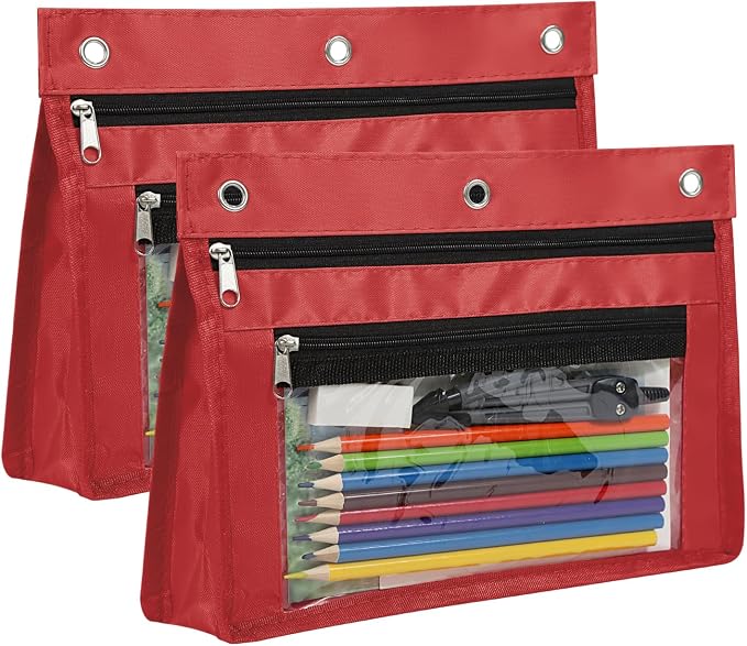 YoeeJob 2 Pack Expandable Pencil Pouches for 3 Ring Binders, Red | 1-inch expansion, 2 clear PVC pockets, 3 holes, large-capacity storage for school and office supplies.