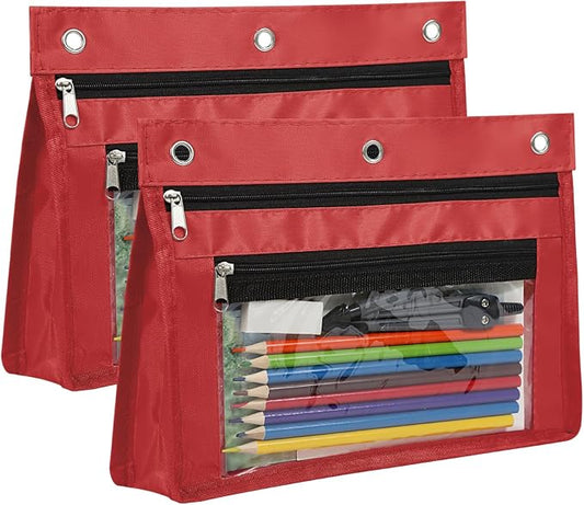 YoeeJob 2 Pack Expandable Pencil Pouches for 3 Ring Binders, Red | 1-inch expansion, 2 clear PVC pockets, 3 holes, large-capacity storage for school and office supplies.