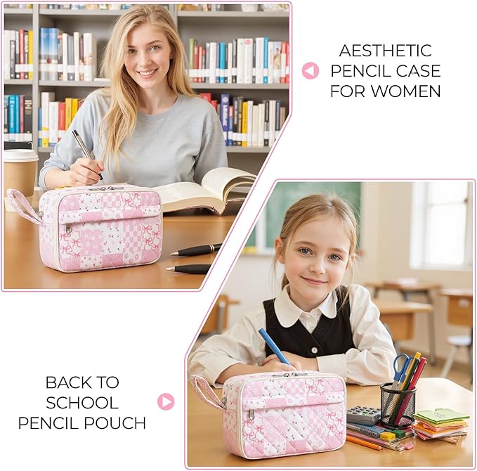 WOBAGMEN Quilted Pencil Pouch for Girls Women, Large Pencil Case Pouch with Compartments Cute Aesthetic Pencil Case Organizer, Floral Pencil Bag for School Supplies (Pink Checked Patchwork)