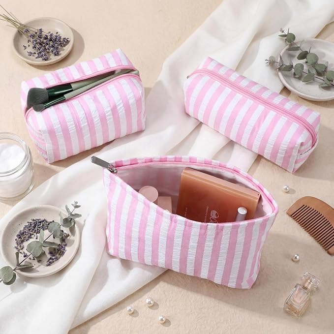 Huhumy 3 Pcs Makeup Bag Set Cute Cosmetic Pouch for Women Aesthetic Seersucker Travel Toiletry Bag Set Preppy Small Makeup Purse Pouch Wide Stripe Cosmetic Organizer Pencil Case with Zipper(Pink)