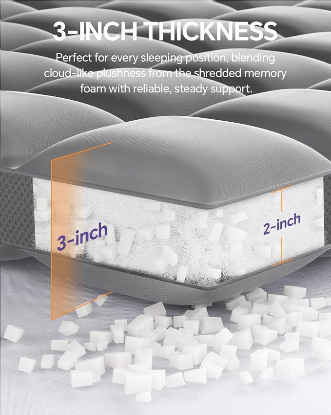ChiXpace Dual Layer 5 Inch Memory Foam Mattress Topper Queen | 3 Inch Pillow Top Mattress Pad Cover and 2 Inch Gel Memory Foam, 7-Zone Egg Crate & 2-in-1 Design (Gray)